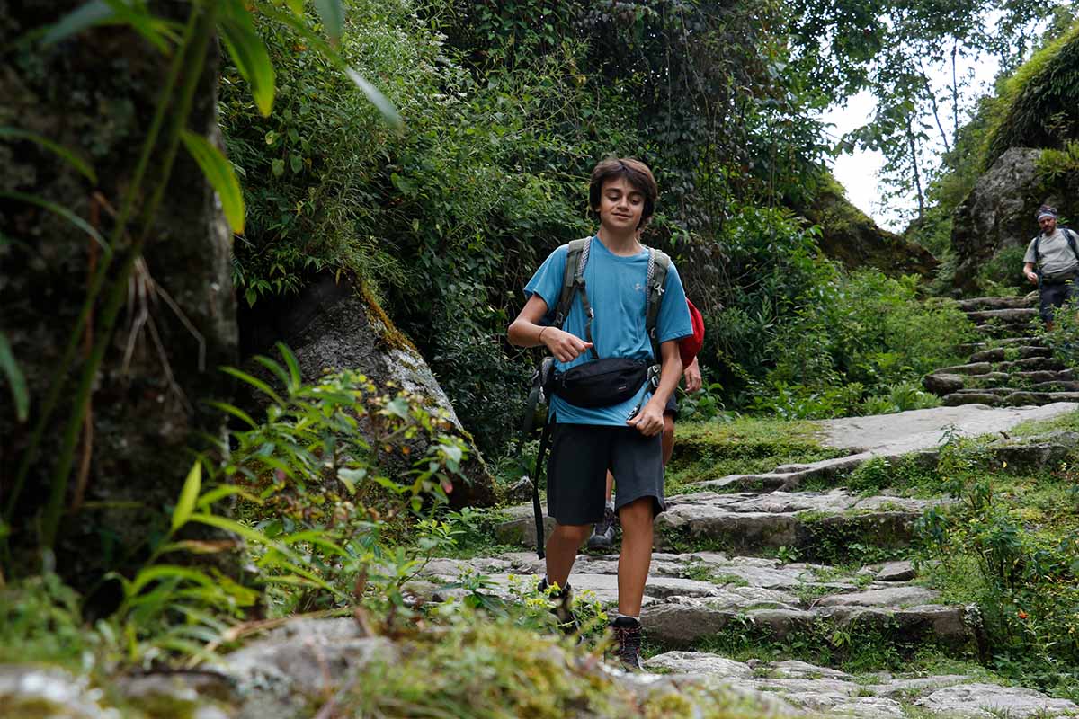12 old Hiker walking on stone steps through forest